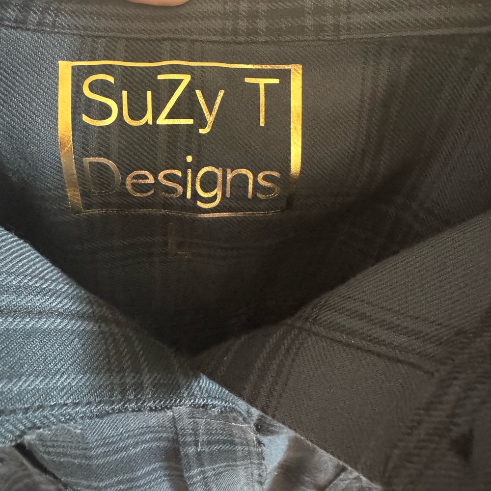 Suzy T Designs Grey Plaid Shirt with Star Patches - Picture 4 of 6